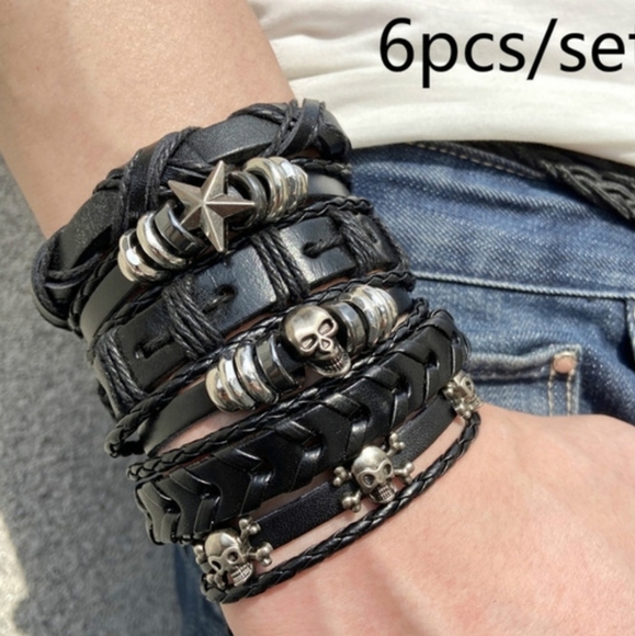 None Other - Unisex Leather 6 Piece Multilayer Tie Bracelets Skull Star Pirate Bones Black